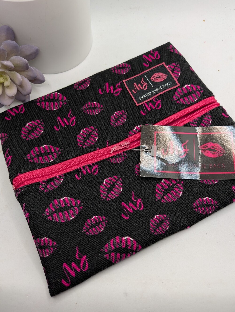 Makeup Junkie Black & Hot Pink Lip Print Small Cosmetic Pouch